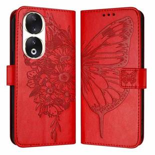 For Honor 90 Embossed Butterfly Leather Phone Case(Red)