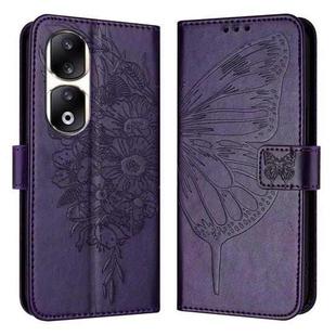 For Honor 90 Pro Embossed Butterfly Leather Phone Case(Dark Purple)