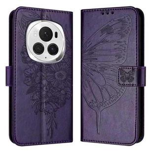 For Honor Magic6 Pro 5G Global Embossed Butterfly Leather Phone Case(Dark Purple)