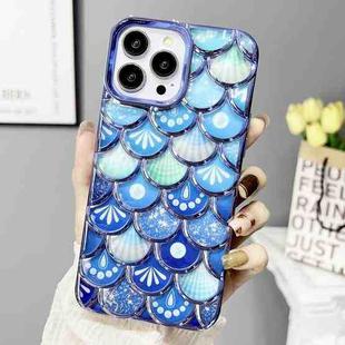 For iPhone 14 Pro Max Mermaid Scale Electroplated Laser Carving Phone Case(Blue)