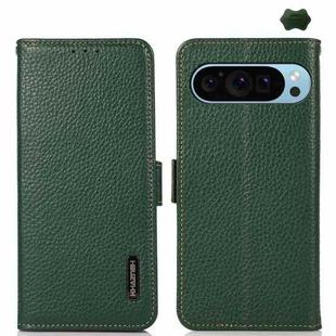 For Google Pixel 9 KHAZNEH Side-Magnetic Litchi Genuine Leather RFID Phone Case(Green)