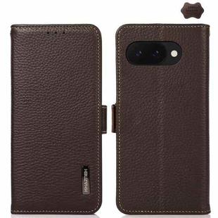 For Google Pixel 9a KHAZNEH Side-Magnetic Litchi Genuine Leather RFID Phone Case(Brown)