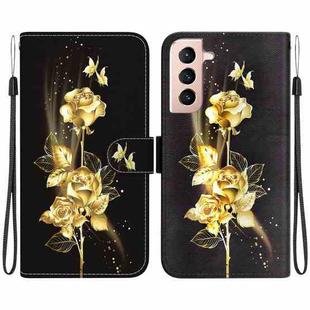 For Samsung Galaxy S21 FE 5G Crystal Texture Colored Drawing Leather Phone Case(Gold Butterfly Rose)