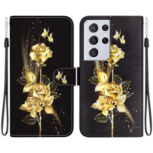 For Samsung Galaxy S21 Ultra 5G Crystal Texture Colored Drawing Leather Phone Case(Gold Butterfly Rose)