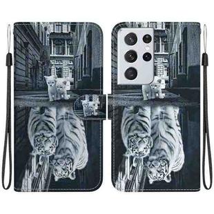 For Samsung Galaxy S21 Ultra 5G Crystal Texture Colored Drawing Leather Phone Case(Cat Tiger Reflection)