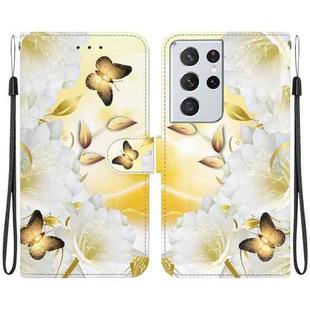 For Samsung Galaxy S21 Ultra 5G Crystal Texture Colored Drawing Leather Phone Case(Gold Butterfly Epiphyllum)