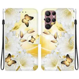 For Samsung Galaxy S22 Ultra 5G Crystal Texture Colored Drawing Leather Phone Case(Gold Butterfly Epiphyllum)