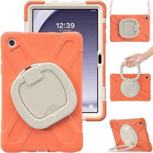 For Samsung Galaxy Tab A9+ Silicone Hybrid PC Tablet Case with Holder & Shoulder Strap(Living Coral)