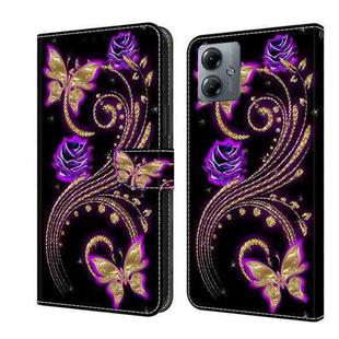 For Motorola Moto G14 Crystal 3D Shockproof Protective Leather Phone Case(Purple Flower Butterfly)