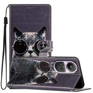 For OPPO Reno10 /10 Pro Global Colored Drawing Leather Phone Case(Sunglasses Cat)