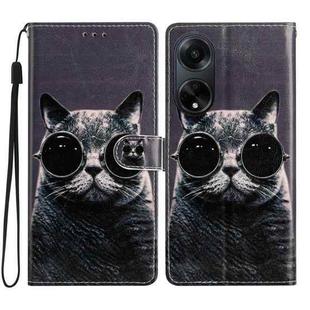 For OPPO A98 Colored Drawing Leather Phone Case(Sunglasses Cat)