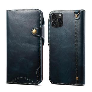 For iPhone 15 Pro Max Denior Oil Wax Cowhide Magnetic Button Genuine Leather Case(Dark Blue)