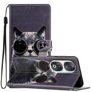 For Honor 90 Colored Drawing Leather Phone Case(Sunglasses Cat)