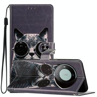 For Huawei Mate 60 Colored Drawing Leather Phone Case(Sunglasses Cat)