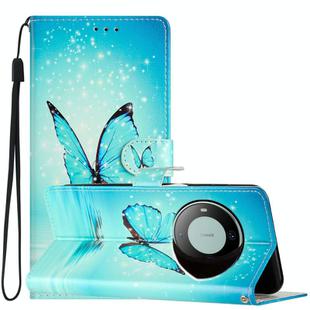 For Huawei Mate 60 Pro Colored Drawing Leather Phone Case(Blue Butterfly)