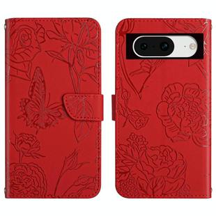 For Google Pixel 8a Skin Feel Butterfly Embossed Flip Leather Phone Case(Red)