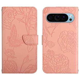 For Google Pixel 9 Pro Skin Feel Butterfly Embossed Flip Leather Phone Case(Pink)