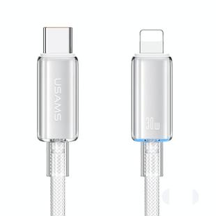 USAMS Type-C To 8 Pin Aluminum Alloy Clear LED 30W PD Fast Charge Data Cable, Length:1.2m(White)