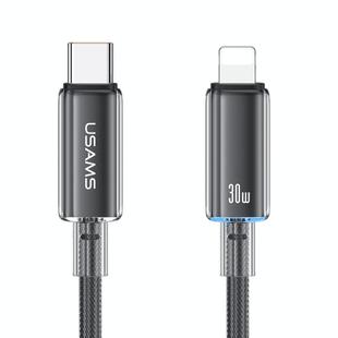 USAMS Type-C To 8 Pin Aluminum Alloy Clear LED 30W PD Fast Charge Data Cable, Length:1.2m(Black)