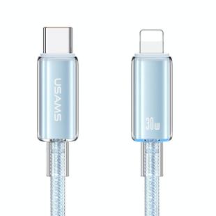 USAMS Type-C To 8 Pin Aluminum Alloy Clear LED 30W PD Fast Charge Data Cable, Length:1.2m(Blue)