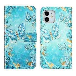 For iPhone 12 mini Oil Embossed 3D Drawing Leather Phone Case(Blue Butterflies)