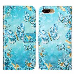 For iPhone 7 Plus / 8 Plus Oil Embossed 3D Drawing Leather Phone Case(Blue Butterflies)