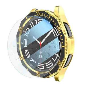 For Samsung Galaxy Watch6 Classic 47mm R960 Electroplate PC Case + Tempered Film + Watch Bezel Ring Set(Black+Gold)