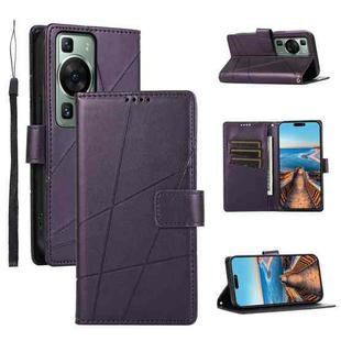 For Huawei P60 PU Genuine Leather Texture Embossed Line Phone Case(Purple)