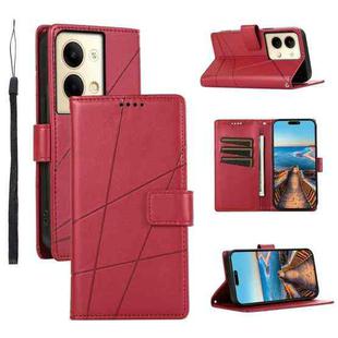 For OPPO Reno9 PU Genuine Leather Texture Embossed Line Phone Case(Red)