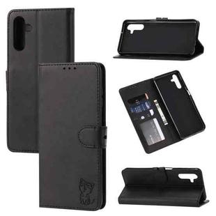 For Samsung Galaxy A35 5G Global Embossed Happy Cat Pattern Flip Leather Phone Case(Black)