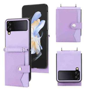 For Samsung Galaxy Z Flip4 5G Litchi Pattern Single Button Card Holder Phone Case with Long Lanyard(Light Purple)