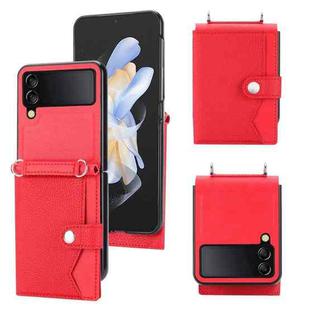 For Samsung Galaxy Z Flip4 5G Litchi Pattern Single Button Card Holder Phone Case with Long Lanyard(Red)