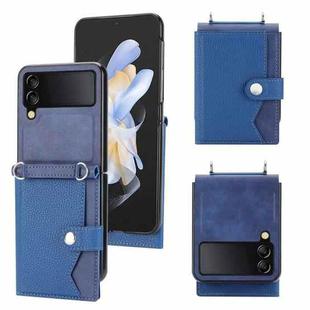 For Samsung Galaxy Z Flip4 5G Litchi Pattern Single Button Card Holder Phone Case with Long Lanyard(Blue)
