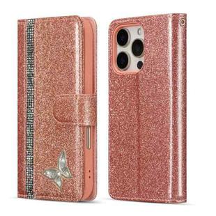 For iPhone 16 Pro Max Glitter Powder Butterfly Leather Phone Case(Rose Gold)