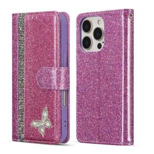 For iPhone 16 Pro Max Glitter Powder Butterfly Leather Phone Case(Rose Red)