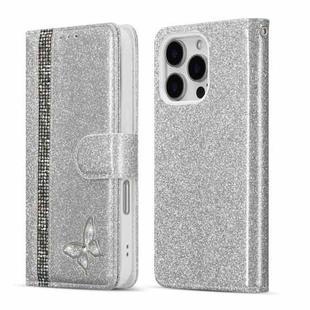 For iPhone 16 Pro Max Glitter Powder Butterfly Leather Phone Case(Silver)