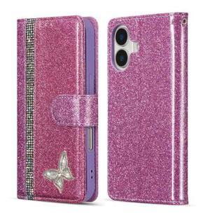 For iPhone 16 Plus Glitter Powder Butterfly Leather Phone Case(Rose Red)