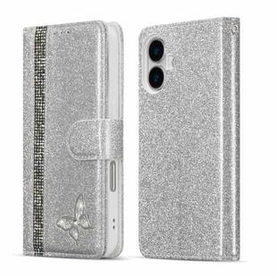 For iPhone 16 Plus Glitter Powder Butterfly Leather Phone Case(Silver)