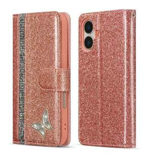 For iPhone 16 Glitter Powder Butterfly Leather Phone Case(Rose Gold)