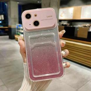 For iPhone 14 Large Window Gradient Glitter Phone Case with Card Slot(Pink)