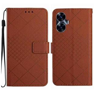 For Realme C55 Rhombic Grid Texture Leather Phone Case(Brown)