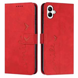 For Samsung Galaxy A05 Skin Feel Heart Embossed Leather Phone Case with Long Lanyard(Red)
