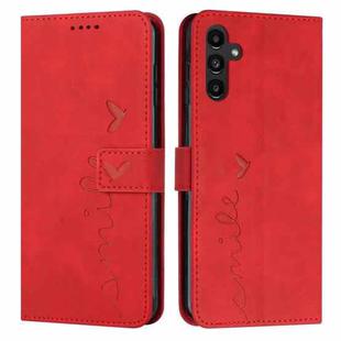 For Samsung Galaxy A55 Skin Feel Heart Embossed Leather Phone Case with Long Lanyard(Red)