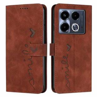 For Infinix Note 40 5G Skin Feel Heart Embossed Leather Phone Case with Long Lanyard(Brown)