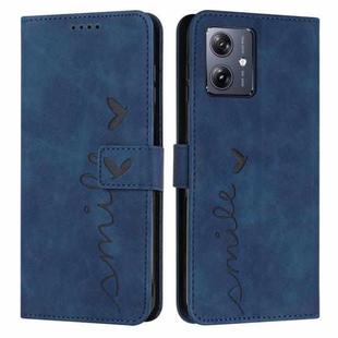 For Motorola Moto G54 Skin Feel Heart Embossed Leather Phone Case with Long Lanyard(Blue)