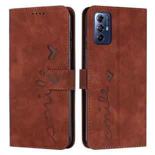 For Motorola Moto G Play 2024 Skin Feel Heart Embossed Leather Phone Case with Long Lanyard(Brown)