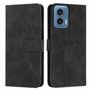 For Motorola Moto G34 5G Skin Feel Heart Embossed Leather Phone Case with Long Lanyard(Black)