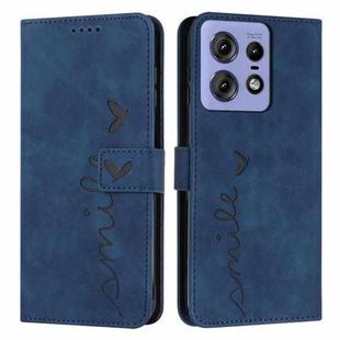 For Motorola Edge 50 Pro Skin Feel Heart Embossed Leather Phone Case with Long Lanyard(Blue)