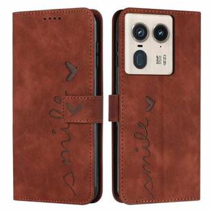 For Motorola Edge 50 Ultra Skin Feel Heart Embossed Leather Phone Case with Long Lanyard(Brown)