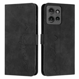 For Motorola Edge 50 Skin Feel Heart Embossed Leather Phone Case with Long Lanyard(Black)